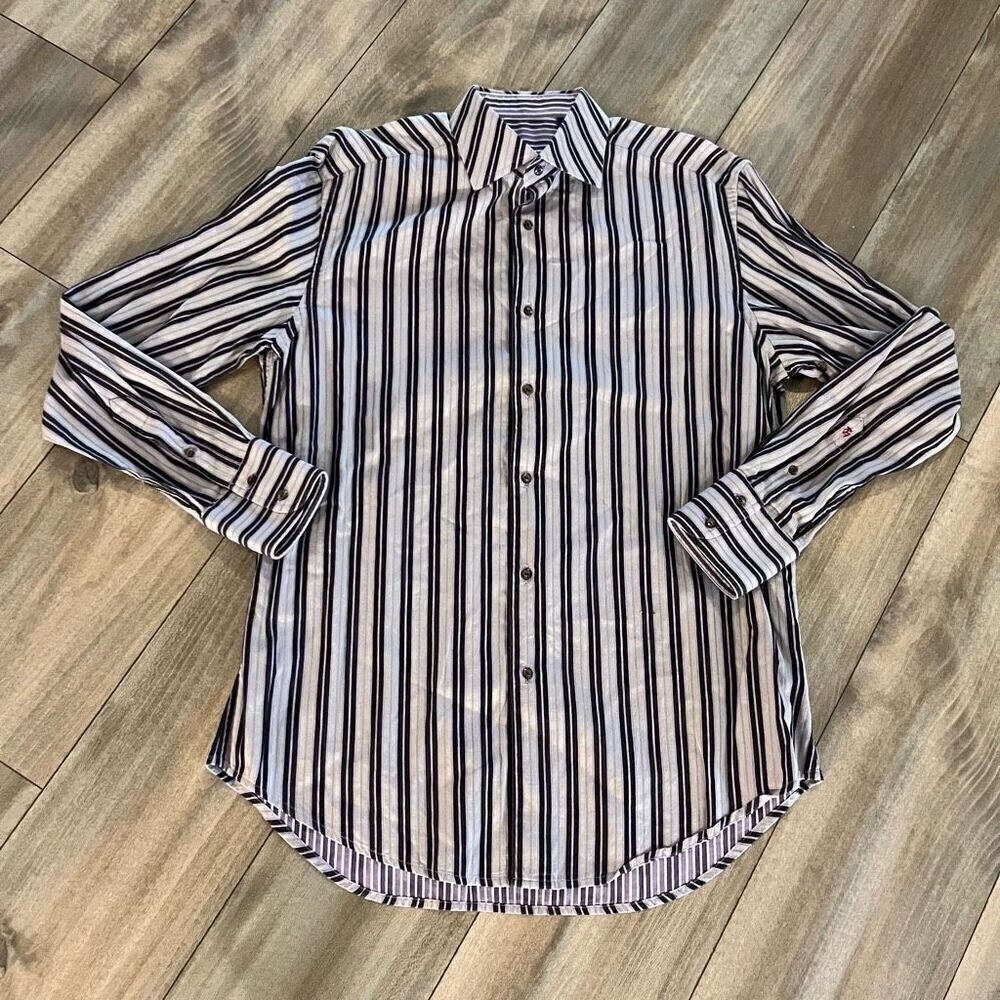 Robert Graham Mens Medium Purple Black‎ Striped Long Sleeve Button Down Bin M-20